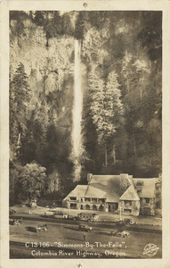 Postcard is a photograph of Multnomah Falls and the Multnomah Falls Lodge on the Columbia River Highway, near Portland, Oregon.