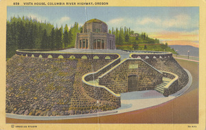Postcard is of the Crown Point Vista House, near the Columbia River Highway in Oregon. | Vista House - Crown Point. A state owned view point affording a magnificent view from one of the highest points reached by the Columbia River Highway. With sheer walls below a panoramic view is presented, reaching far down and up the river. Parking space for many cars.