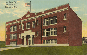 Postcard is of a school in Portland, Oregon. It is labeled the "New Rose City Park School," but is now called the Marysville School.
