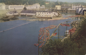 Postcard is a photograph of the Willamette River at Oregon City, Oregon with paper mills.  | The Willamette River at Oregon City, Oregon showing the paper mills, the city's main industry.