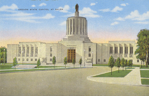Postcard is of the Oregon State Capitol building in Salem, Oregon. | Oregon's new State Capitol built at a cost of $2,500,000, replaces the one destroyed by fire the night of April 25, 1935. A 2 foot bronze statue of The Pioneer by Sculptor Ulric H. Ellerhusen tops the Capitol dome.