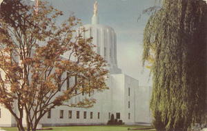 Postcard is a photograph of the Oregon State Capitol building in Salem, Oregon.  | State Capitol, Salem, Oregon, completed for occupancy in 1939, is of modern design and one of the newest state capitols buildings. The most decorative feature of the exterior is the fluted cylindrical dome.