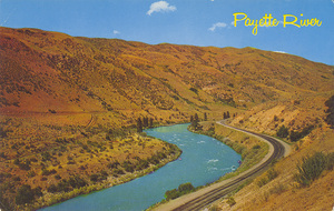 Postcard is of the Payette River near Banks, Idaho.  | The Payette River near Banks, Idaho lends color and interest to a scenic drive on Highway 15 to McCall, southwestern Idaho's vacationland.