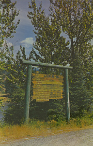 Postcard of a commemorative sign on the Lewis and Clark Expedition. | Sep. 20, 1805. Canoe Camp Site. L.&C. Exp. Capt. Clark met a part of Nez Perce Indians, who gave him dried salmon and camass root flour. He sent Reuben Fields back with a pack load for Lewis and is men. Clark continued down to the lower country to a large Indian camp presided over by Chief Twisted Hair. Lewis joined them later and the complete expedition rested and then built dugout canoes.