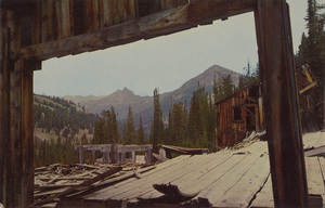 Postcard is a photograph from the rubble remains of the mining town of Vienna in the Sawtooth National Forest, Idaho. | The Old Vienna Mine (The Place to go is Idaho) This famous mining area was opened in 1879. By 1883 a twenty stamp mill was turning out between forty and fifty thousand dollars worth of ore per month. It continued this production until 1885 when a Lawsuit closed the property. In 1917 the Old Vienna Co. reacquired control over the Mines, built a new Mill, and camp, but to no avail. The Mill never ran and the area, which had produced over five hundred thousand dollars worth of Silver, sank into ruin.
