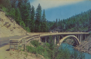Postcard of a bridge over the Payette River north of Smith's Ferry on Highway 55 in Idaho.  |  This graceful span crosses the Payette River north of Smith's Ferry, Idaho, on picturesque State Highway 15. This scenic road winds its way through national forests to McCall, a vacation mecca.
