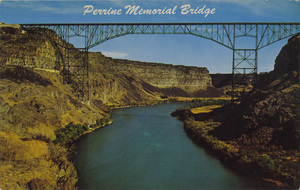 Postcard of the Perrine Memorial Bridge near Twin Falls, Idaho. | Perrine Memorial Bridge. The Perrine Memorial Bridge on Highway 93 is one of the highest in the United States. This bridge is 1400 feet long and is 476 feet high, crossing the Snake River 3 miles north of Twin Falls.
