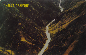Postcard is a scene of Hell's Canyon showing the Snake River.  | Hells Canyon. This unusual Aerial of Hells Canyon of the Snake River highlights 7,000 foot canyon walls of America's deepest gorge.