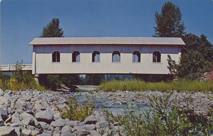 Postcard of a Covered Bridge in Southern Oregon, most likely the Grave Creek Covered Bridge near Sunny Valley, Oregon. | Covered Bridge in Southern Oregon is seen from Highway 99 when traveling through Oregon.