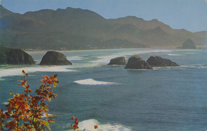 Postcard of Ecola State Park looking south towards Haystack Rock at Cannon Beach, Oregon. | Ecola State Park Looking South, Oregon Coast. A beautiful view of this famous beach, showing Haystack Rock in the distance.