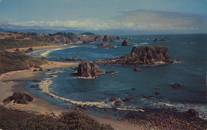 Postcard is a scene from Harris Beach State Park near Brookings, Oregon. | Harris Beach State Park, Oregon. This splendid area is available to travelers along U.S. Coast Highway 101.