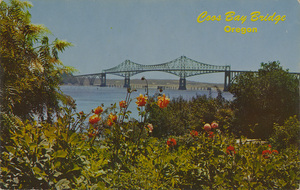 Postcard is of the Conde McCullough Memorial Bridge near Coos Bay, Oregon. | Coos Bay Bridge, Oregon. McCullough Bridge over Coos Bay, Oregon Coast. Total length over a mile, this multi-million dollar structure is an important link on the scenic Oregon coast highway. South approach is from a state park in North Bend.