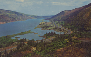 Postcard is of the Columbia River Gorge with a view of Highway 84 heading east.  | Columbia River Gorge. Looking eastward from point east of Hood River, Oregon.