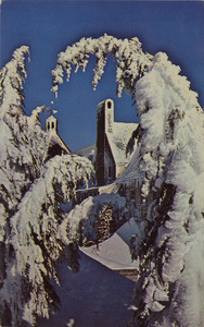 Postcard is a snowy scene of Timberline Lodge at Mt. Hood, Oregon. | Timberline Lodge, Oregon. Fresh snowfall makes fantasyland out of world-famous Timberline Lodge on Mt. Hood.