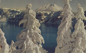 Postcard of a snowy scene at Crater Lake, Oregon. | Crater Lake, Oregon in winter splendor. The shimmering blue lake as seen in mid-winter with Mt. Scott looking 9000' in the distance.