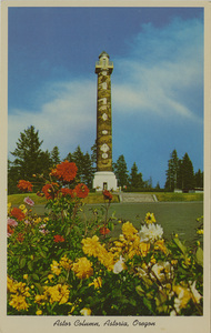 Postcard of the Astoria Column in Astoria, Oregon. | Astor Column, Astoria, Oregon. 125 foot column on Coxcomb Hill, depicting early history of this area. An observation platform is at the top of the column with a view of the entire area. It is a replica of the Vendome Column in Paris and the Trojan Column in Rome.