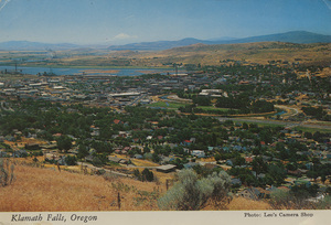 Postcard of Klamath Falls, Oregon with Mt. Shasta in the background. | Klamath Falls, Oregon. Center of lumber and agriculture for Northern California and Southern Oregon, Mt. Shasta in background.