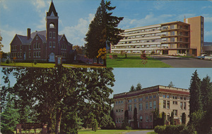 Postcard of various buildings in Newberg, Oregon, home of George Fox University.  | Newberg, Oregon. Upper left - Friends (Quaker) Church. Upper right - Friendsview Manor, a beautiful modern retirement facility built and maintained by he Friends Church. Lower - Wood-Mar Hall, on the campus of George Fox College. Founded by the Quakers in 1891.