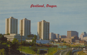 Postcard of a view of Downtown Portland, Oregon. | Portland, Oregon. As seen from the new Marquam Bridge.