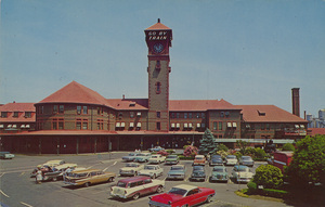 Postcard of Union Station in Portland, Oregon.  | Union Station, Portland, Oregon. Picturesque Union Station is jointly used by all railroad lines entering Portland. This depot was erected in 1890 and is a large rambling stucco structure of modified Italian Renaissance, with a tall clock tower.