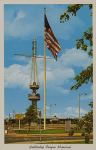 Postcard of the Battleship Oregon Memorial in Portland, Oregon. | Battleship Oregon Memorial Marine Park. This is the main mast of the "Bull Dog" of the Navy, U.S.S. Oregon. She served in three major ward. Launched in 1893.