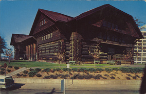Postcard of the old Forestry Building in Portland, Oregon, which burned down in 1964. | Portland, Oregon. The world's largest log cabin built in 1905 for the Lewis & Clark World Exposition held in Portland at that time. For many years it was a Timber Museum housing exhibits of the Forest and Lumber Industry. Requiring 2 years to build, it was consumed in 2 hours by fire on August 17, 1964.