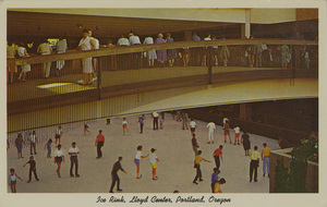 Postcard of the ice rink in the Lloyd Center shopping mall in Portland, Oregon. | Ice rink, Lloyd Center, Portland, Oregon. Spectators watching the ice skating, a feature attraction of the Lloyd Center.