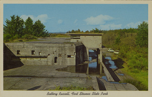 Postcard of Battery Russell in Fort Stevens State Park, Oregon. | Battery Russell in Fort Stevens State Park, Oregon. It was fired on by the Japanese in 1942-the only place in the continental United States to be attacked since 1812.