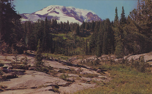 Postcard of Mount Adams in Washington State.  |  Mount Adams, Washington. Located in the Cascade Mountains this 12,307 foot peak provides a beautiful scene from Bird Creek Meadow.