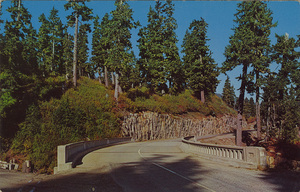 Postcard of a bridge on the way to Mt. Baker National Forest.  | Highway to Mt. Baker Lodge. A modern highway traverses the beautiful upland meadow country on the way to Mt. Baker National Forest's winter and summer playground.