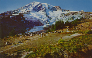 Postcard of Nisqually Glacier on Mount Rainier in Washington State.  | Glacier Vista. Mount Rainier National Park, Paradise Side. Nisqually Glacier in the center of attraction, but Mount Rainier towers over everything.