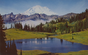 Postcard of Mount Rainier and Tipsoo Lake in Washington State.  |  Mt. Rainier and Tipsoo Lake. Coming through the pass.