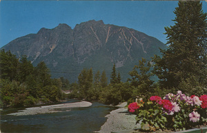 Postcard of Mount Si in Washington State.  | Mount Si. Motorists along the Sunset Highway (US 10) are impressed by the rugged beauty of this mountain which is an outpost of the Cascade Range.
