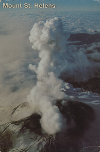 Postcard of Mount St. Helens erupting. | Mount St. Helens located in southwest Washington. This 9,677 foot mountain, a dormant volcano for over 100 years, began volcanic activity in early 1980. Mount St. Helens is the first active volcano in the continental United States in over 60 years.