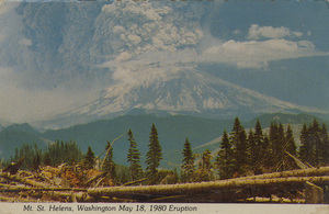 Postcard of the Mount St. Helens eruption.  | Mount St. Helens, Washington. On May 18th, 1980 at 8:32 A.M. the top 1300 feet of the mountain was blown into the atmosphere reducing it to 8400 feet. The force of the blast was equal to 5,000 H-bombs and was the first lateral blast known to man. It pulverized the north side of the mountain into fine ash that reached an altitude of 63,000 feet, spreading ash eastward across the continent eventually circling the globe. This photo was taken from the West that afternoon.