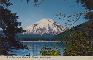 Postcard of Mount St. Helens and Spirit Lake before the 1980 eruption.  |  Mount St. Helens and Spirit Lake, Washington. One of the majestic mountains which is part of the Cascade Range in southwest Washington. This photo taken before March 27, 1980 volcanic eruptions. The massive May 18, 1980 eruption blew the top 1300 feet into the atmosphere and reduced the mountain from 9700 feet to 8400 feet. The violent May 18, 1980 eruption filled this lake with mud and the ultimate fate of the lake is unknown at press time.