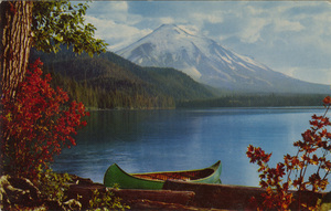 Postcard of Mount St. Helens and Spirit Lake in the fall before the 1980 eruption.  | Mt. St. Helens and Spirit Lake are especially charming under the spell of autumn coloring.