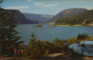 Postcard of Rimrock Lake in Washington state.  | Tieton Reservoir. Affords irrigation storage and at the same time provides a recreational spot of matchless beauty. On the White Pass highway leading from the Yakima Valley across the Cascades to South West Washington.