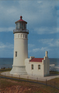 Postcard of the North Head Lighthouse at the entrance of the Columbia River.  | North Head Lighthouse. A part of the light warning system marking the entrance to the Columbia River. It's 250,000 candle power beam reaches far to sea guiding ocean traffic over the Columbia Bar.