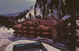 Postcard of the Alpental ski resort in the Snoqualmie National Forest in Washington state. | Alpental. Snoqualmie Pass, Washington, in the heart of Snoqualmie National Forest. The Goldener-Adler and Goldener-Hirsch Condominiums offer year-round swimming facilities. Combined with a sauna, ice ring, superb ski slopes and the numerous hiking trails in the area, Alpental is truly a year-round recreational resort.