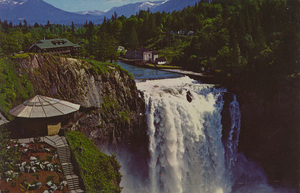 Postcard of Snoqualmie Falls with lookout points in Washington state.  | Snoqualmie Falls Lodge and Vista Point, Washington. The combination of a world-famous dining place over-looking a 268-foot high waterfall is one of the major tourist attractions.