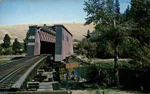 Postcard of a covered railroad bridge near Colfax, Washington. | Colfax, Whitman County, Washington. 6 miles North West at Manning siding of Great Northern Railroad. The only covered bridge in Eastern Washington. Open top boxed type bridge across the Palouse River against background of a wheatfield.