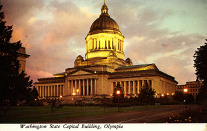 Postcard of the State Capitol at Olympia, Washington. | State Capitol at Olympia, Washington. Unusually colorful lighting effect at dusk of the imposing "Seat of Government" for Washington since 1853.