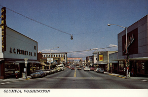 Postcard of a Capitol Way in downtown Olympia, Washington. | Olympia, Washington. Capitol Way, downtown Olympia looking toward the Harbor and Puget Sound.
