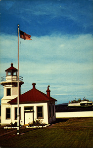 Postcard of Mukilteo Light at Mukilteo, Washington with a ferry boat in the background. | Famous Lighthouse and Washington State Ferry, Puget Sound, Washington.