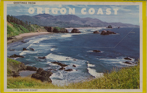 Long postcard with various scenes from the Oregon coast.