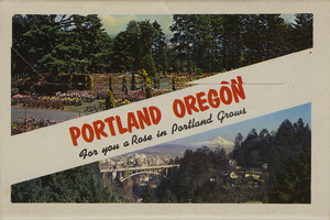 Long postcard with various scenes from Portland, Oregon.
