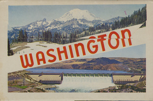 Long postcard with various scenes from Washington state.