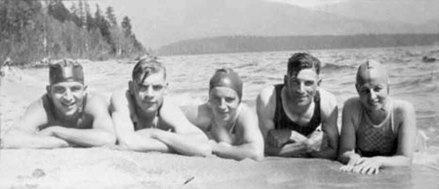 Pictured are Mard, Russ, Ned, Dewey, and Bea while they swim in Priest Lake. Donated by Dewey Huot through Priest Lake Museum.