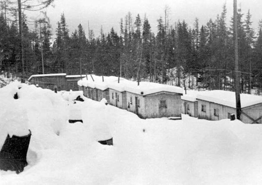 View of some logging camp housing. Donated by Speed Weidner through Priest Lake Museum.